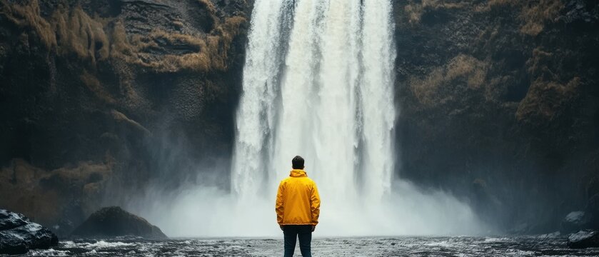 Vast waterfall cascades down dramatic cliffs, a solitary figure observes the powerful water