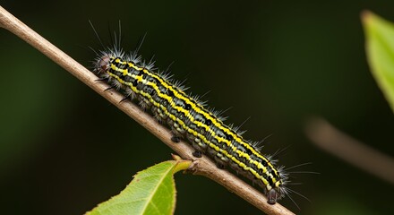Fototapeta premium Caterpillar Crawling on a Twig with Black and Yellow Stripes