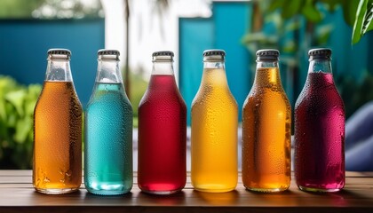 a vibrant array of bottled beverages with condensation showcasing refreshing colors perfect for summer gatherings and celebrations