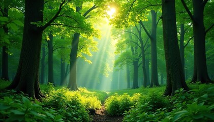 Obraz premium Sunlight dappled through the leaves of a lush forest, showcasing vibrant green foliage and towering trees , forest, growth, botanical