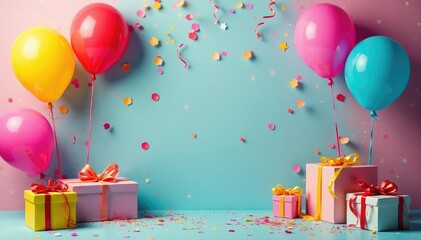 A vibrant birthday party scene with colorful balloons, streamers, and gifts , festive background, celebratory