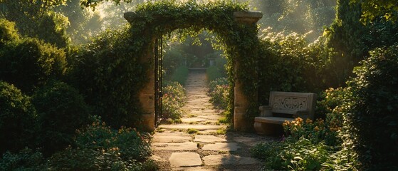Ivy-covered stone archway in a lush garden with sunlight and a stone bench