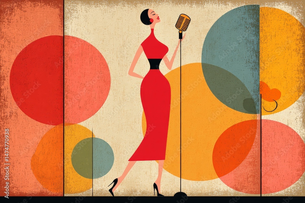 Poster Elegant singer performs on stage against a backdrop of colorful geometric patterns
