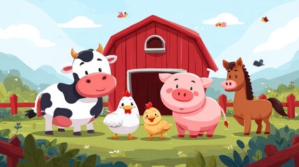 Fototapeta premium Farm animals posing together in green field near red barn