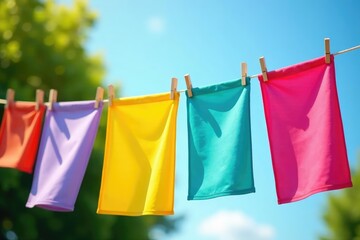 Brightly colored laundry flapping gently on a clothesline on a sunny day , vibrant, domestic
