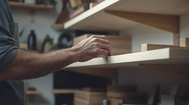 Carpenter Sanding a Wooden Shelf in Workshop