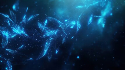 Abstract digital art, glowing blue shapes, interconnected network, dark background, particles, ethereal, futuristic