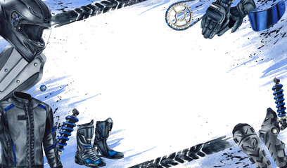 Frame motorcyclist helmet, gloves, kneepad, motobots, jacket. Banner Moto wear, moto gear, equipment, chain, shock absorber. Watercolor illustration isolated from background, blue abstract scratches © Yulia Kapura