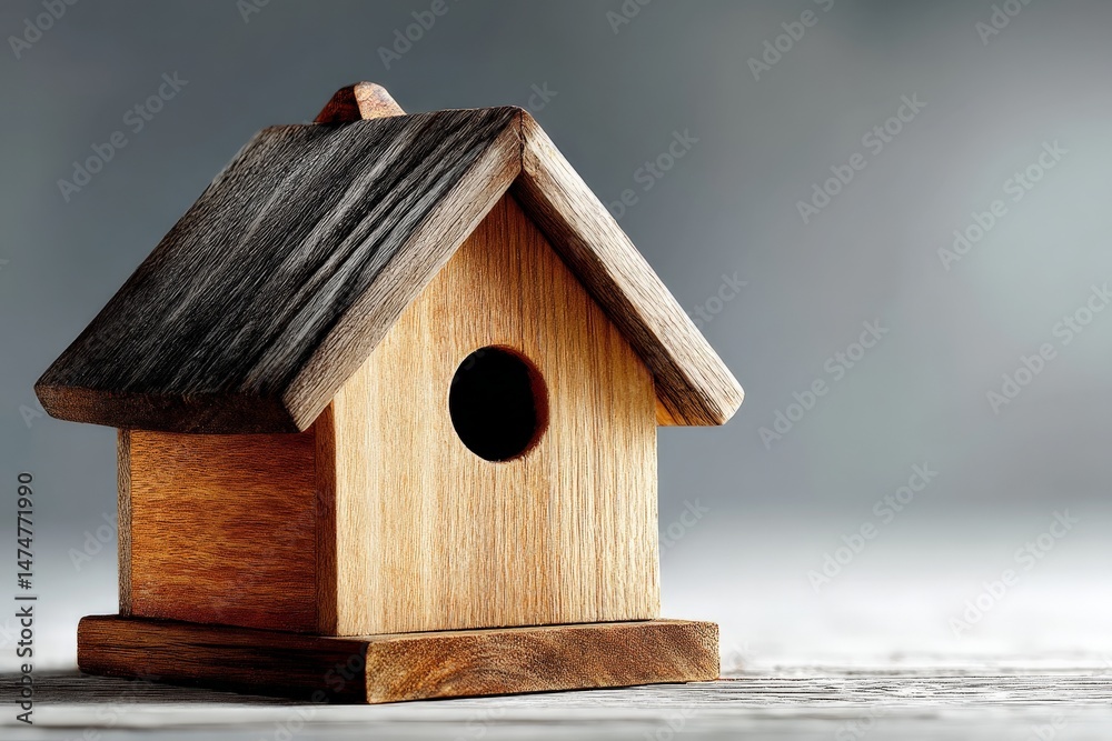 Poster wooden birdhouse sitting on a surface with soft lighting creating a calm atmosphere