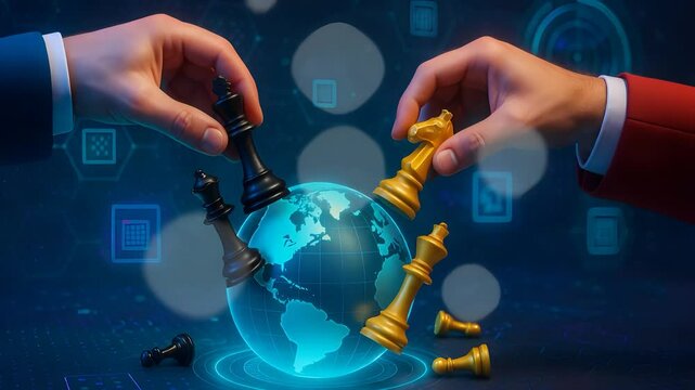 Two Hands Playing Chess Above Glowing Globe with Golden and Black Pieces Representing Strategy, Power Struggle and Global Politics

