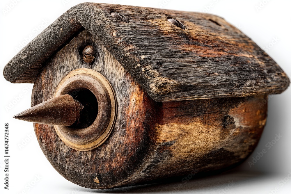 Poster decorative wooden birdhouse with rustic design featuring a pointed entrance and textured surface