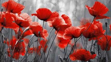 Obraz premium Red poppies, petals as light as paper, dancing in the breeze, red petals with black spots, adding a bit of charm