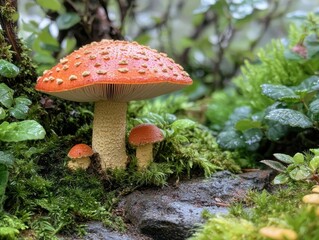 Fototapeta premium Stunning Fly Agaric Mushrooms in Mossy Forest