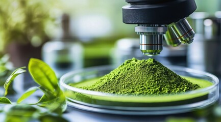 Green tea powder under a microscope in a lab setting.  Fresh tea leaves and laboratory equipment are visible in the background