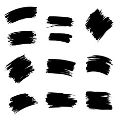 A collection of modern grungy paint brush strokes is presented, featuring calligraphy with straight smears, stamp, and lines, all hand drawn in ink and isolated on a white background with modern