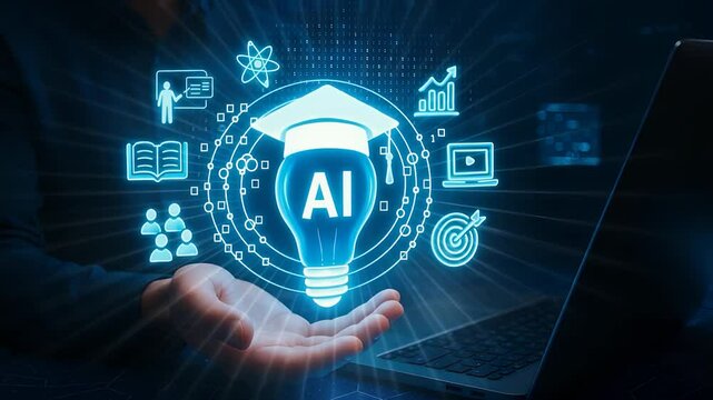 Glowing AI Bulb Wearing Graduation Cap Floating Above Hand Surrounded by Education Icons Representing Smart Learning and Training

