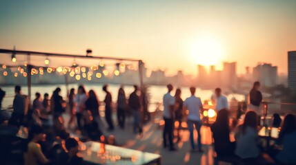 Rooftop party blur city background of blurry sunrise or happy golden hour sunset evening with heatwave