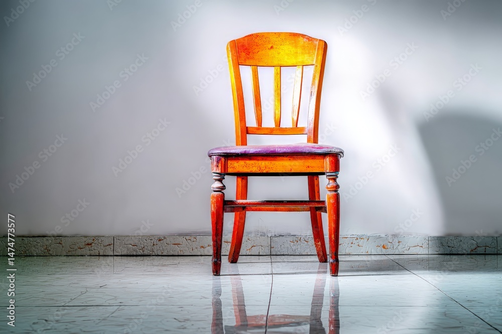 Poster Wooden chair positioned against a wall with soft lighting creating a tranquil atmosphere in a minimalist setting
