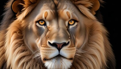 Naklejka premium The magnificent lion's intense gaze, showcasing its regal beauty with a dark backdrop.