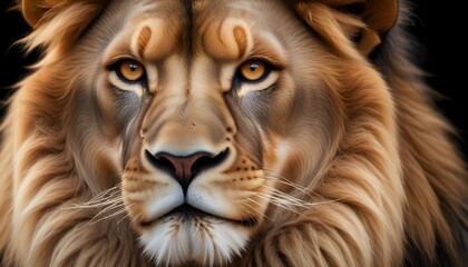 Naklejka premium A majestic lion stares intensely, a powerful portrait captured in intricate detail.