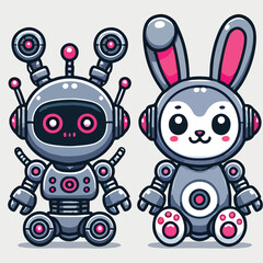 Cute Rabbit Robot Cyborg Cartoon Vector Icon Illustration