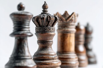Fototapeta premium Detailed view of handcrafted wooden chess pieces showcasing intricate designs and textures during a chess match setup