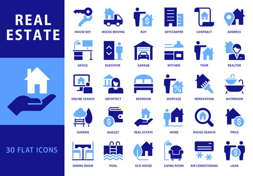 Collection of 30 Flat Style Blue Colored Vector Icons for Real Estate Business