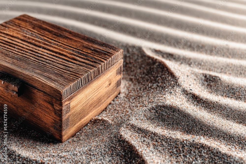 Poster wooden box resting on textured sand surface captures serene atmosphere of a beach during golden hour