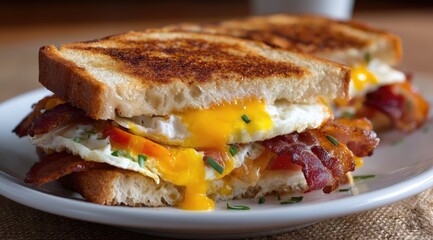 Savory breakfast sandwich with fried eggs, bacon, and melted cheese.  Golden toasted bread holds the filling