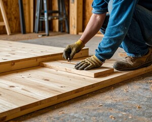 A master carpenter installs a wooden floor covering. The material tells about the installation of flooring and the work of a carpenter.