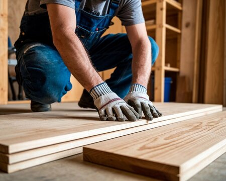 A master carpenter installs a wooden floor covering. The material tells about the installation of flooring and the work of a carpenter.