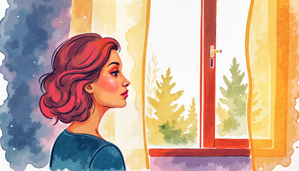 Pensive woman looks out of a window, a watercolor illustration for reflective blogs