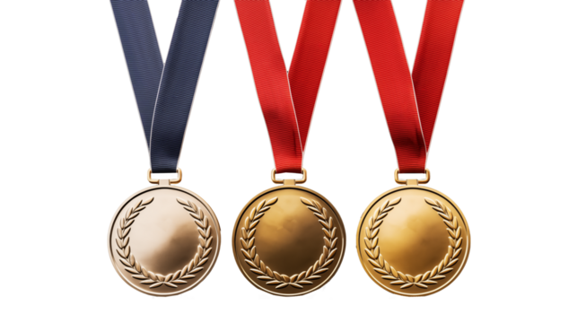 Three medals with different colored ribbons hanging against a black background