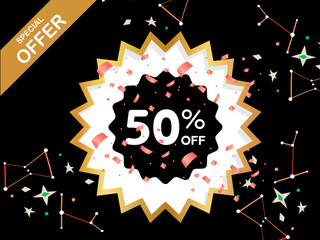 Special offer: 50% off the golden and white colour design, which looks like red ribbons and stars on a vector illustration with a black background 