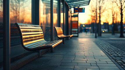 Reinforced metal bench at bus stop discourages loitering and maintains order.