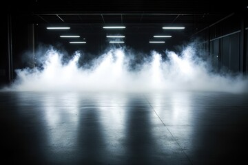 Dark warehouse space filled with white fog, lit by fluorescent lights