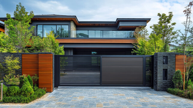 Residential metal fence featuring a sliding garage gate in dark modern style.