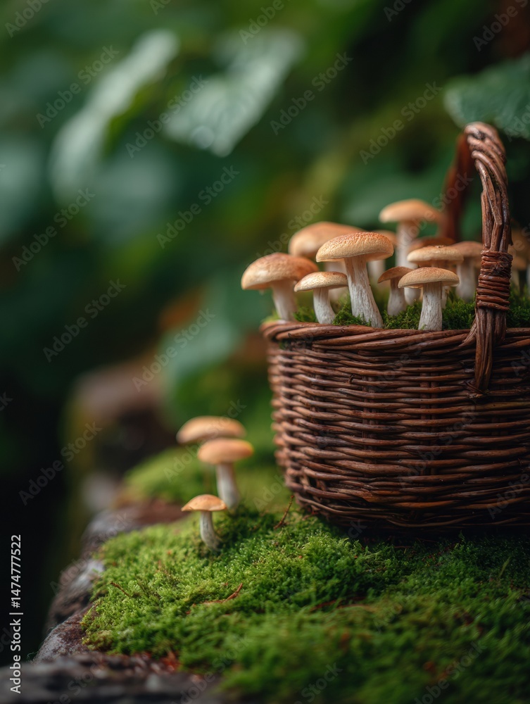 Poster Basket Filled With Freshly Picked Mushrooms Resting on Soft Green Moss in a Tranquil Forest Setting