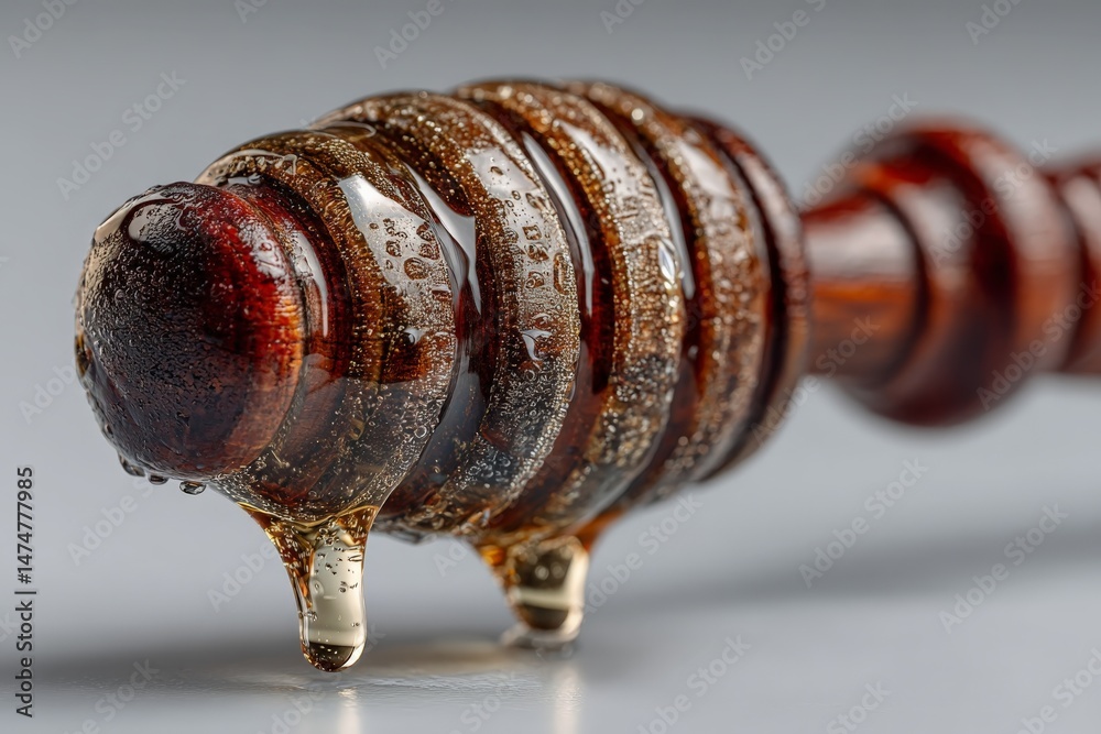 Poster wooden honey dipper dripping with golden honey on a light background showcasing its texture and craf