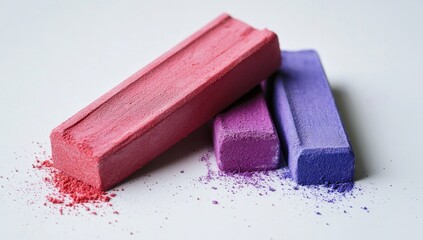 Three vibrant colored chalks, pink and purple, leaning together.  Crumbs of color are scattered around