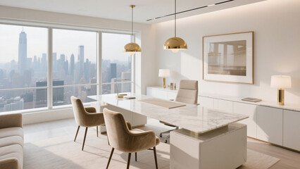 Fototapeta premium Contemporary luxury office design with a white marble desk, neutral palette, and velvet accents. Perfect for high-end office decor and stylish workspace concepts.
