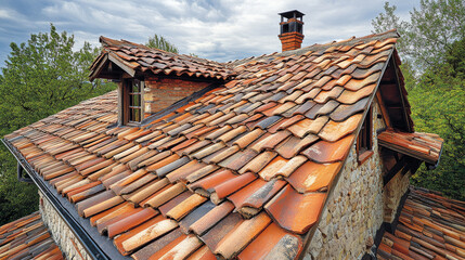Naklejka premium Restoration work underway on the wooden and clay-tiled roof of a heritage home.