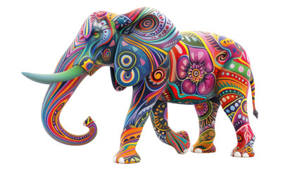 Fototapeta premium Vibrant elephant sculpture with decorated tusks and colorful floral patterns
