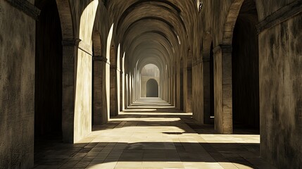 Arched corridor with natural light creating depth and shadow