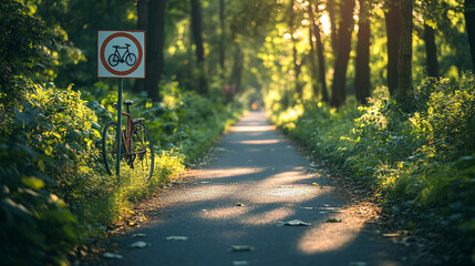 Road sign marking a bike path in Vilnius, surrounded by greenery.