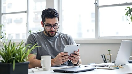A professional man sitting at a modern office desk, using a digital tablet, with a laptop, coffee mug, and potted plant on the table, large window in background, bright daylight, modern business
