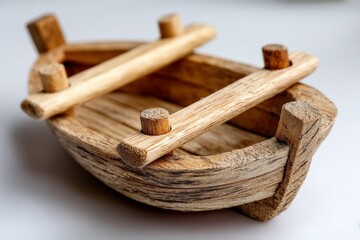 Small wooden boat model crafted from natural wood displayed on a light background