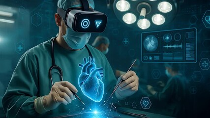 Doctor Wearing VR Headset Performing Surgery on Holographic Heart Representing Future Medicine, Health Innovation and Technology

 - Powered by Adobe