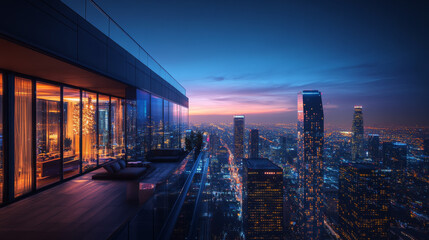 Rooftop view at sunset with a clear vista of Los Angeles skyscrapers and urban success symbolism.