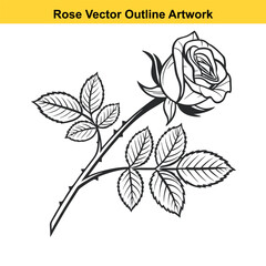 Elegant Rose Outline with Stem and Leaves vector illustration